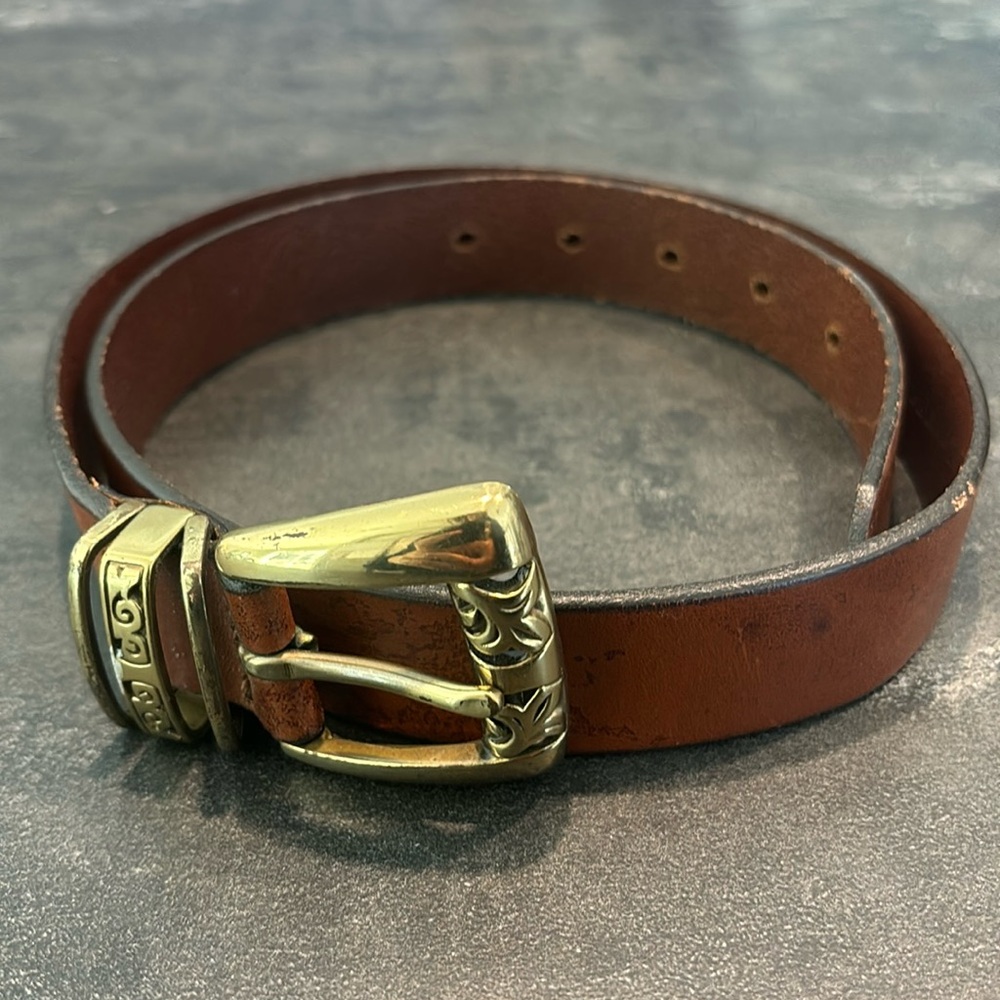 Charter Club brown genuine Italian leather belt ornate floral gold buckle
